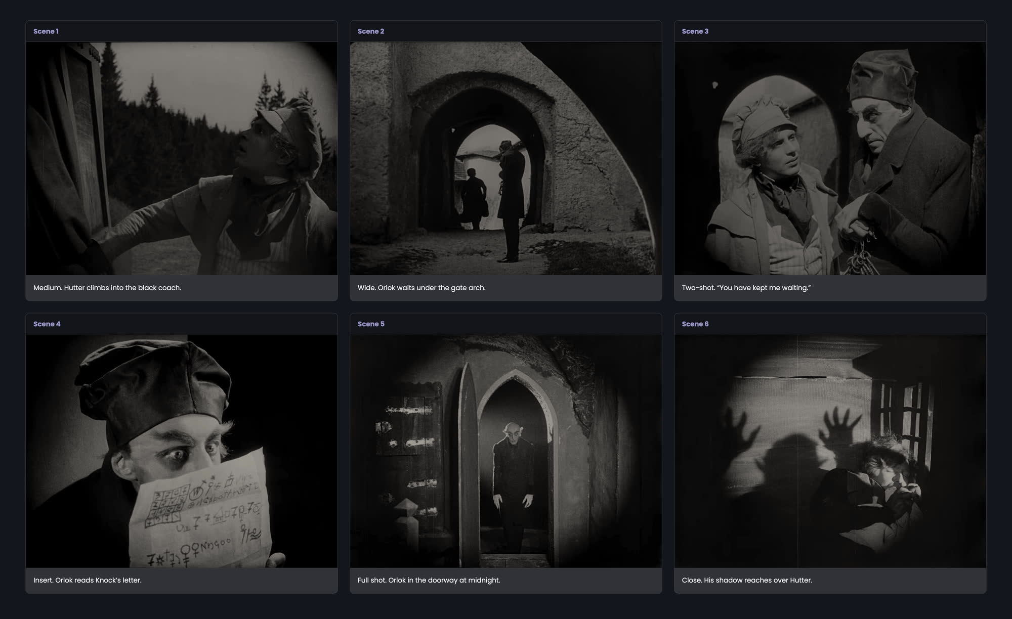 The storyboard sheet Story Export saved: six stills from Nosferatu in three columns, each with a scene title and a note.